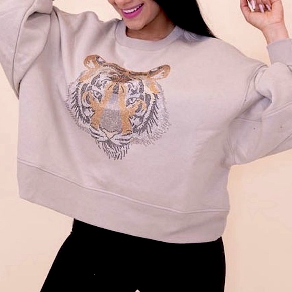 ☃️BOGO50%☃️🆕🌿EXPRESSED SOCIETY: OLIVE Tiger Crew Neck Sweatshirt SMALL - Picture 7 of 11